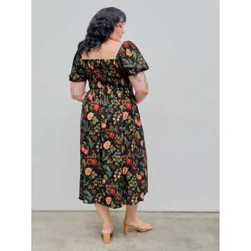 CIDER Plus Size Midi Dress Summer Fruit Patterned Square Neck Puff Sleeve Boho Vacation Casual Midi Dress for Curvy Women Multicolor