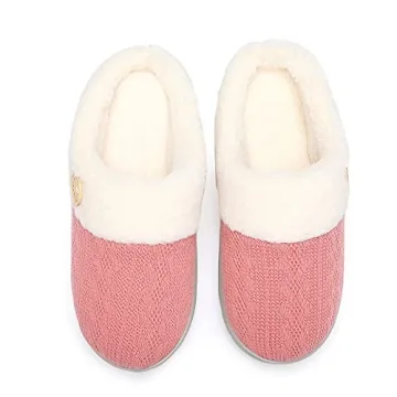 Chantomoo Womens Slipper Warm Comfy Memory Foam House Slippers Knitted Shoes Faux Fur Lined Anti-Skid Rubber Sole Bedroom Cozy Indoor Outdoor Slippers Red Dark Pink Size7 8 6.5