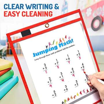 BONBELA Dry Erase Pockets 30 Pack - 10 x 13 Reusable Dry Erase Pocket Sleeves for Work & School Worksheets - Heavy Duty Clear Pocket Sleeves - Quickly Wipe to a Flawless Clean (Multicolor)