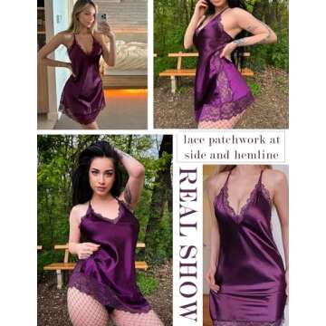Avidlove Women Lingerie Satin Lace Chemise Nightgown Sexy Full Slips Sleepwear (Large, Dark Purple)