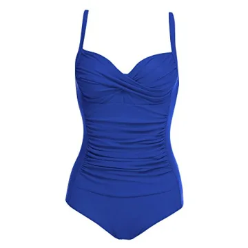 Ekouaer 50s Retro One-Piece Swimsuit Blue Comfortable Swimwear