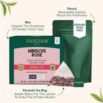 VAHDAM, Hibiscus Rose Tea Bags - 100% Whole Hibiscus Flowers Herbal Tea Bags (100 Count) With Rose, Chamomile & Exotic Spices | Caffeine Free, Floral Flavor Tisane | Resealable Ziplock Pouch