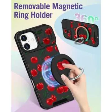 Buleens for iPhone 16 Case 6.1 Inch - with Ring Stand & Camera Cover Aesthetic Cute Designed for Women Girls Girly Pretty Kawaii Cherry Unique Teen Phone Case for iPhone 16 Compatible with Magsafe