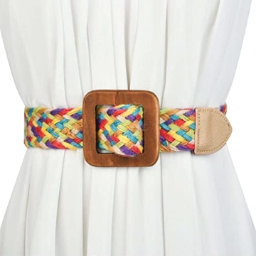 uniquetotop Womens Linen Woven Waist Belts Boho Vintage Ladies Braided Wooden Style Buckle Elastic S...