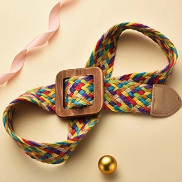 uniquetotop Womens Linen Woven Waist Belts Boho Vintage Ladies Braided Wooden Style Buckle Elastic Stretch Waist Dress Band Skinny Dress Belt, Colorful, One Size