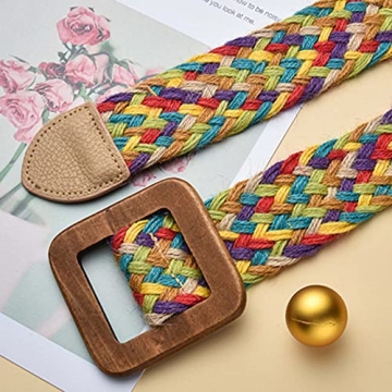 uniquetotop Womens Linen Woven Waist Belts Boho Vintage Ladies Braided Wooden Style Buckle Elastic Stretch Waist Dress Band Skinny Dress Belt, Colorful, One Size