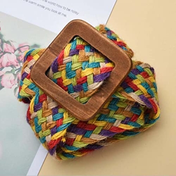 uniquetotop Womens Linen Woven Waist Belts Boho Vintage Ladies Braided Wooden Style Buckle Elastic Stretch Waist Dress Band Skinny Dress Belt, Colorful, One Size