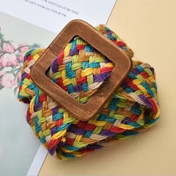 uniquetotop Womens Linen Woven Waist Belts Boho Vintage Ladies Braided Wooden Style Buckle Elastic Stretch Waist Dress Band Skinny Dress Belt, Colorful, One Size