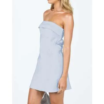 Realtix Womens Satin Silk Backless Strapless Mini Dress Sexy Low Back Tube Club Party Dress for Women Blue