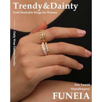 FUNEIA Stackable Gold Rings for Women Non Tarnish Trendy Dainty 14K Gold Plated Stacking Cubic Zirconia Thumb Ring Set Pack Statement Chunky Band Rings Promise Engagement Rings Size 7 8 9 10 11