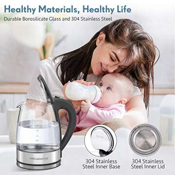 MegaWise Electric Kettle, 1.8L Borosilicate Glass Tea Kettle with LED Light, Auto Shut-Off and Boil-...