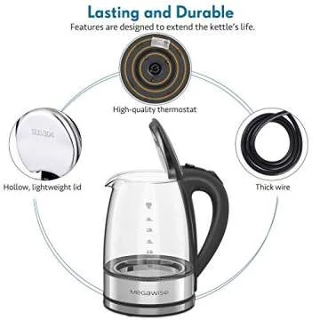 MegaWise Electric Kettle, 1.8L Borosilicate Glass Tea Kettle with LED Light, Auto Shut-Off and Boil-Dry Protection Cordless Kettle Fast Boiling