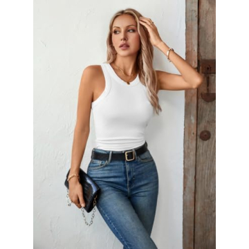 LOLONG Tank Top for Women High Neck Ribbed Sleeveless Shirts White
