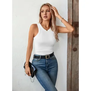 LOLONG Tank Top for Women High Neck Ribbed Sleeveless Shirts White