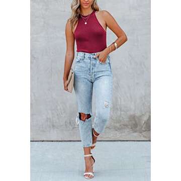 KIRUNDO Women's Casual Sleeveless Halter Tops Solid Crew Neck Cami Tank Tops Ribbed Knit Slim Fit Summer Beach Tops
