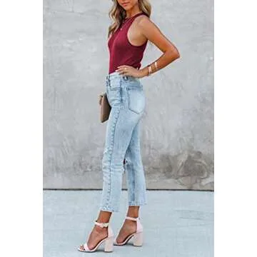 KIRUNDO Women's Casual Sleeveless Halter Tops Solid Crew Neck Cami Tank Tops Ribbed Knit Slim Fit Summer Beach Tops