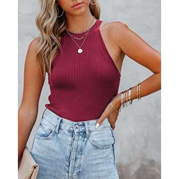 KIRUNDO Women's Casual Sleeveless Halter Tops Solid Crew Neck Cami Tank Tops Ribbed Knit Slim Fit Summer Beach Tops