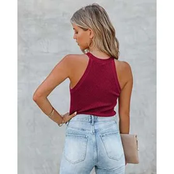 KIRUNDO Women's Casual Sleeveless Halter Tops Solid Crew Neck Cami Tank Tops Ribbed Knit Slim Fit Summer Beach Tops