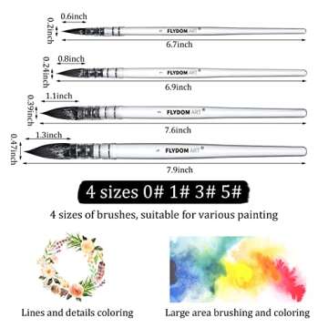 FLYDOM ART Watercolor Paint Brushes Set,Watercolor Brush, Soft Synthetic Hair, Pointed Round Mop Brush for Watercolor, Acrylic, Gouache, Aquarelle & Oil Painting, 4 Pcs Set