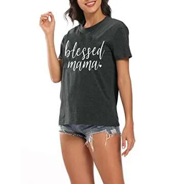 Blessed Mama Shirt Women Letter Print Mom Life T-Shirt Short Sleeve Summer Mommy Tee Tops C-gray