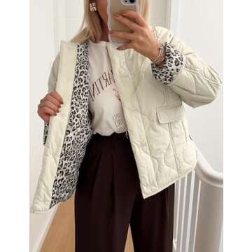 Yimoon Womens Lightweight Quilted Jacket Oversized Leopard Lined Puffer Jacket Button Down Padded Bomber Coat(Beige-M)