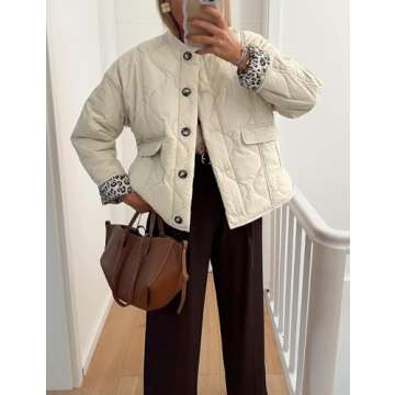 Yimoon Womens Lightweight Quilted Jacket Oversized Leopard Lined Puffer Jacket Button Down Padded Bomber Coat(Beige-M)