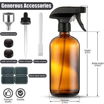 Amber Glass Spray Bottles - (4 Pack) 16 oz with Labels Refillable Container for Essential Oils, Clea...