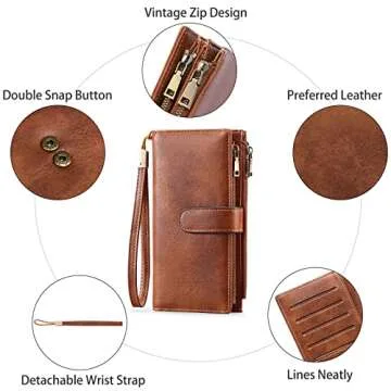 GOIACII Womens Wallets Large Capacity Credit Card Holder Rfid Wallet Women Double Zipper Pocket Leather Bifold Ladies Wristlet Clutch Wallet