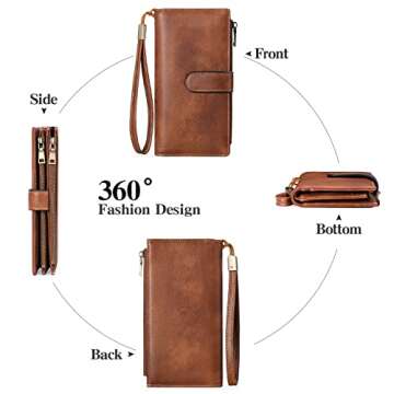 GOIACII Womens Wallets Large Capacity Credit Card Holder Rfid Wallet Women Double Zipper Pocket Leather Bifold Ladies Wristlet Clutch Wallet