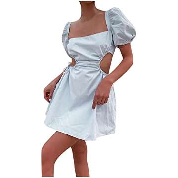MAYW Vintage Puff Sleeve Dress - Cute Backless Mini Dress
