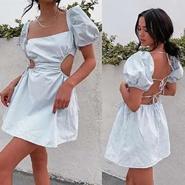 MAYW Vintage Puff Sleeve Dress - Cute Backless Mini Dress