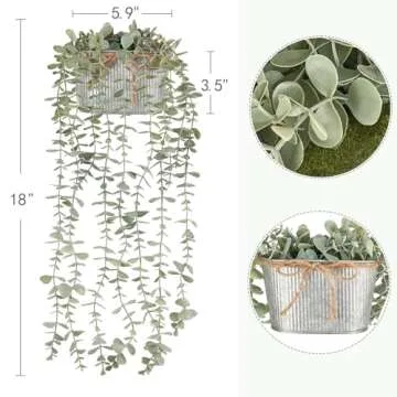 Mkono Fake Hanging Plants in Farmhouse Galvanized Pots Rustic Faux Potted Eucalyptus Greenery Indoor Artificial Plants for Book Shelf Mantel Living Room Bathroom Bedroom Home Office Decor