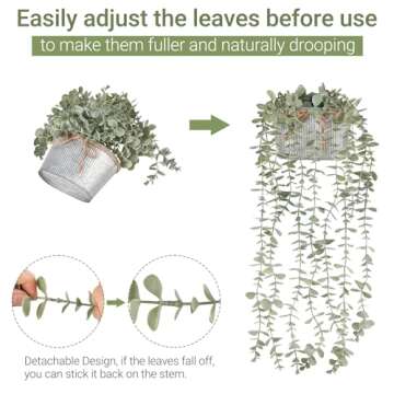 Mkono Fake Hanging Plants in Farmhouse Galvanized Pots Rustic Faux Potted Eucalyptus Greenery Indoor Artificial Plants for Book Shelf Mantel Living Room Bathroom Bedroom Home Office Decor