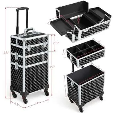 Yaheetech Rolling Makeup Train Case 3 in 1 Cosmetic Case Large Capacity Organizer with Swivel Wheels Key Cosmetic Trolley for Nail Tech Makeup - Black