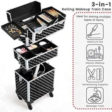 Yaheetech Rolling Makeup Train Case 3 in 1 Cosmetic Case Large Capacity Organizer with Swivel Wheels Key Cosmetic Trolley for Nail Tech Makeup - Black