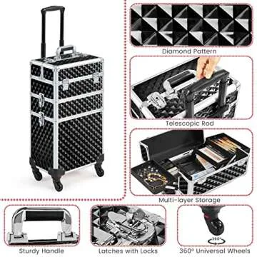 Yaheetech Rolling Makeup Train Case 3 in 1 Cosmetic Case Large Capacity Organizer with Swivel Wheels Key Cosmetic Trolley for Nail Tech Makeup - Black