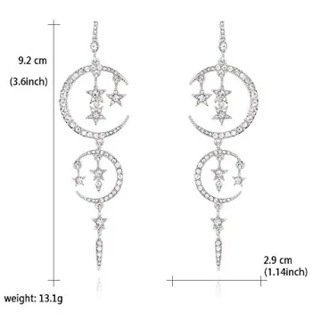 Exaggerated Luxury Sun Moon Stars Drop Earrings Rhinestone Punk Earrings for Women Jewelry Golden Boho Vintage Earrings (Crystal)