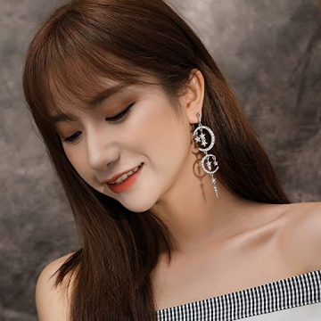 Exaggerated Luxury Sun Moon Stars Drop Earrings Rhinestone Punk Earrings for Women Jewelry Golden Boho Vintage Earrings (Crystal)