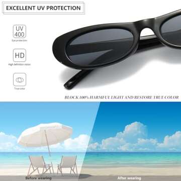 BRMHDY Elongated Narrow Cat Eye Sunglasses for Women 90s Retro Womens Oval Sunglasses Fashion Small Black Shades (Black/Grey)