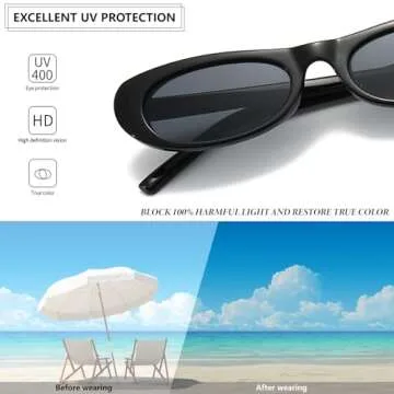 BRMHDY Elongated Narrow Cat Eye Sunglasses for Women 90s Retro Womens Oval Sunglasses Fashion Small Black Shades (Black/Grey)