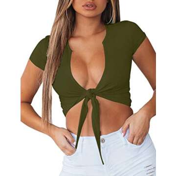 BORIFLORS Women's Sexy Tie Up Crop Top Short Sleeve Deep V Neck Casual Basic T Shirt