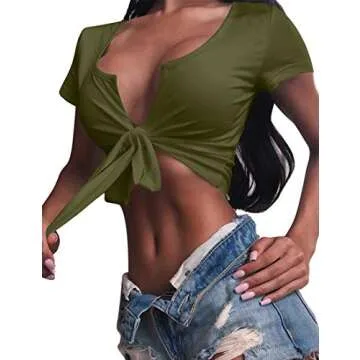 BORIFLORS Women's Sexy Tie Up Crop Top Short Sleeve Deep V Neck Casual Basic T Shirt