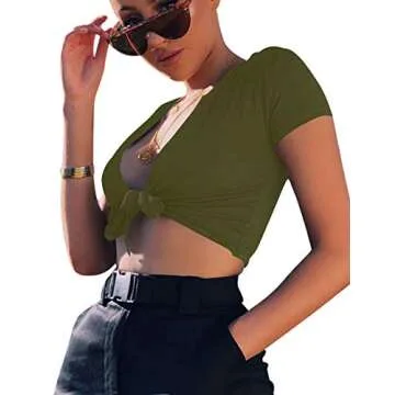 BORIFLORS Women's Sexy Tie Up Crop Top Short Sleeve Deep V Neck Casual Basic T Shirt