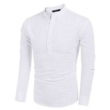 COOFANDY Men Premium Henley Neck Linen Shirts Casual Long Sleeve Basic Shirts,White,Large, White, Large