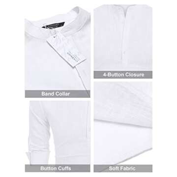 COOFANDY Men Premium Henley Neck Linen Shirts Casual Long Sleeve Basic Shirts,White,Large, White, Large