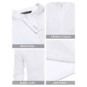 COOFANDY Men Premium Henley Neck Linen Shirts Casual Long Sleeve Basic Shirts,White,Large, White, Large