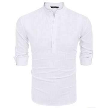 COOFANDY Men Premium Henley Neck Linen Shirts Casual Long Sleeve Basic Shirts,White,Large, White, Large