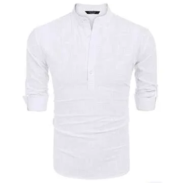 COOFANDY Men Premium Henley Neck Linen Shirts Casual Long Sleeve Basic Shirts,White,Large, White, Large