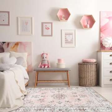 Lahome Washable Living Room Rug 8x10 Area Rugs for Bedroom Girls, Soft Pink Floral Carpet for Nursery Room Non Slip, Boho Large Mats for Indoor Floor Home Office Decor