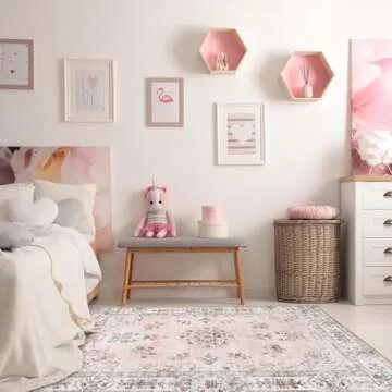 Lahome Washable Living Room Rug 8x10 Area Rugs for Bedroom Girls, Soft Pink Floral Carpet for Nursery Room Non Slip, Boho Large Mats for Indoor Floor Home Office Decor